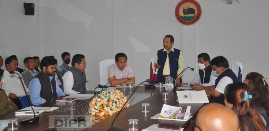 MLA Imkong L Imchen addressing the Mokokchung DPDB during its meeting held at the ADC (Planning) Conference Hall, Mokokchung on May 20. (DIPR Photo)